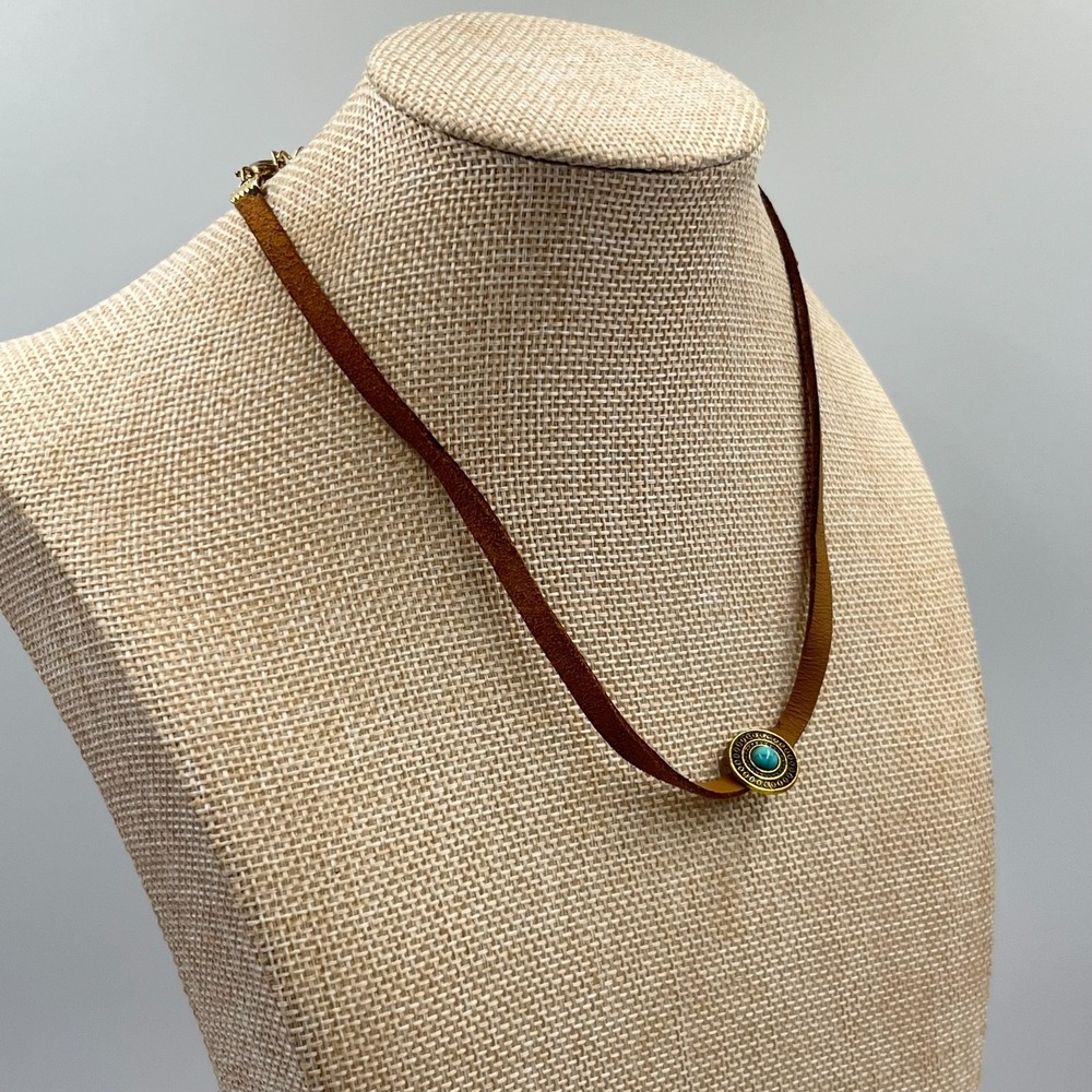 Vintage Boho Brown Faux Leather Choker Necklace Turquoise Stone Gold Tone 80s - Picture 7 of 9
